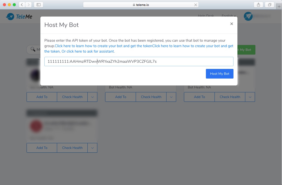 Screenshot of how to host my bot on TeleMe